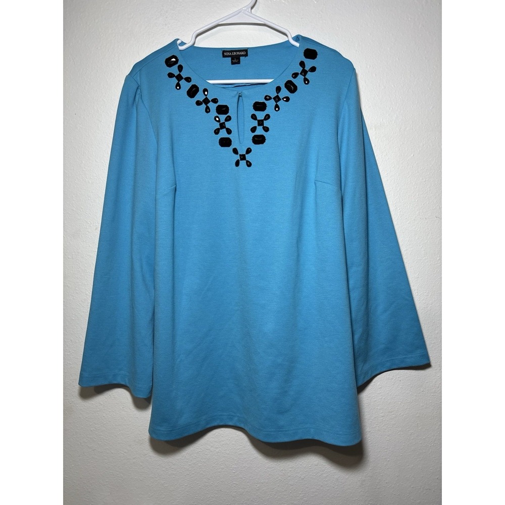 Nina Leonard Women's Blue Knit Pullover Top, Beaded Round Neck, Long Sleeve, L